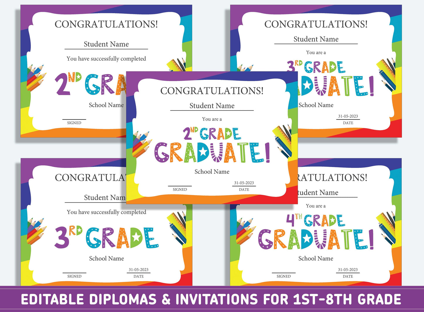 Editable Second Grade Diploma, 1st to 8th Grade Diploma, Certificate of Completion & Invitation, PDF File, Instant Download