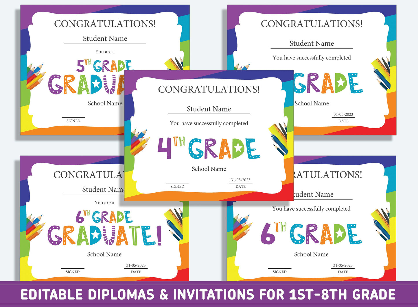 Editable Second Grade Diploma, 1st to 8th Grade Diploma, Certificate of Completion & Invitation, PDF File, Instant Download