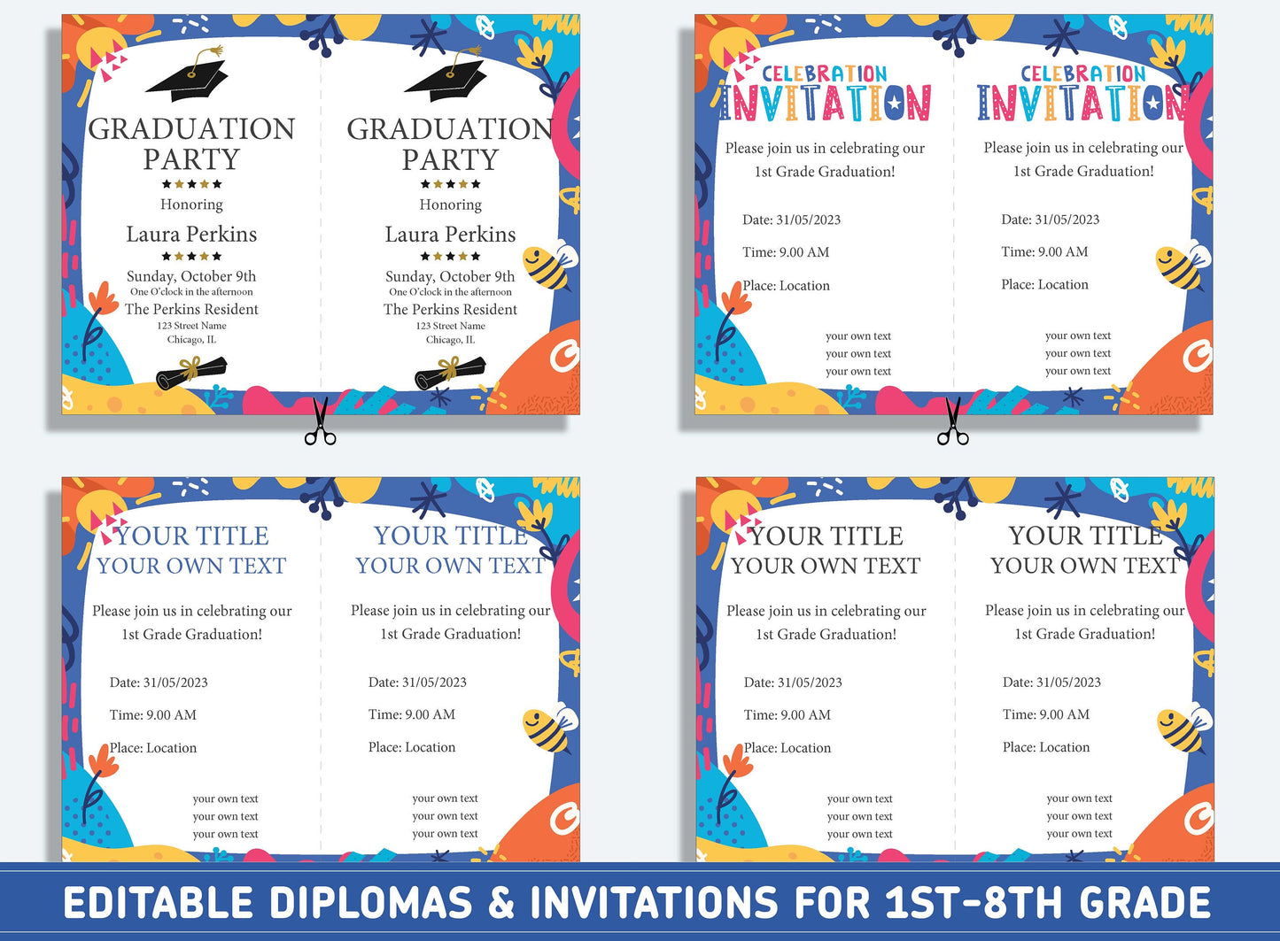 Editable First Grade Certificate, 1st to 8th Grade Diploma, Certificate of Completion & Invitation, PDF File, Instant Download