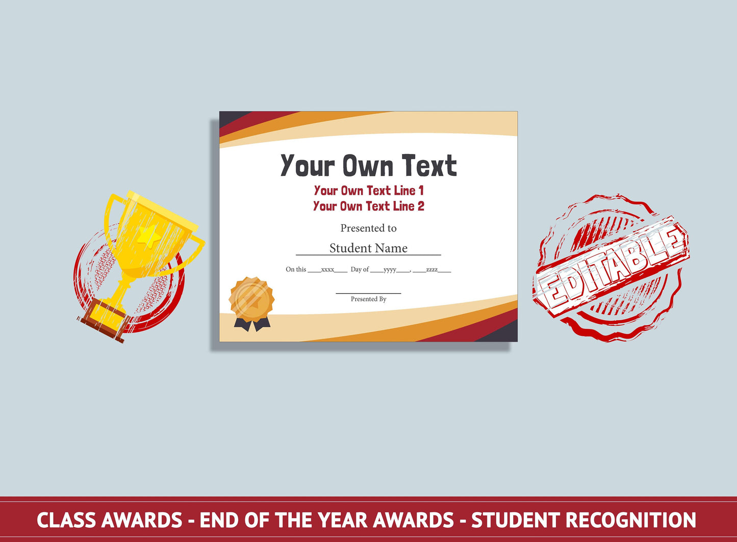 Editable Last Day of School Certificate, End of the Year Awards, Student Recognition, PDF File, Instant Download