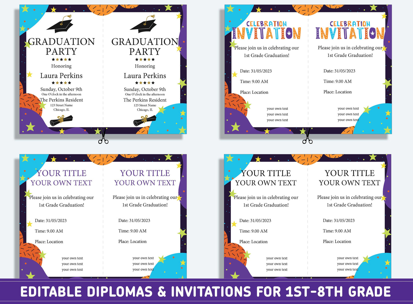 Editable Second Grade Certificate, 1st to 8th Grade Diploma, Certificate of Completion & Invitation, PDF File, Instant Download