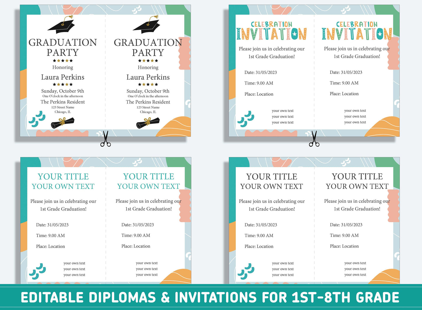 Editable 3rd Grade Certificate, 1st to 8th Grade Diploma, Certificate of Completion & Invitation, PDF File, Instant Download