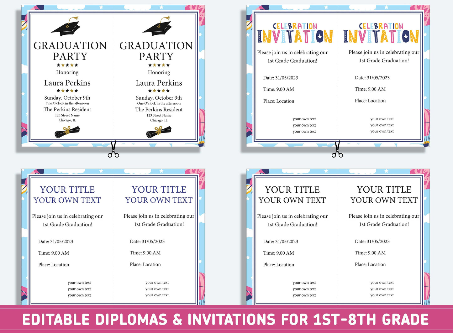 Editable 5th Grade Awards, 1st to 8th Grade Diploma, Certificate of Completion & Invitation, PDF File, Instant Download