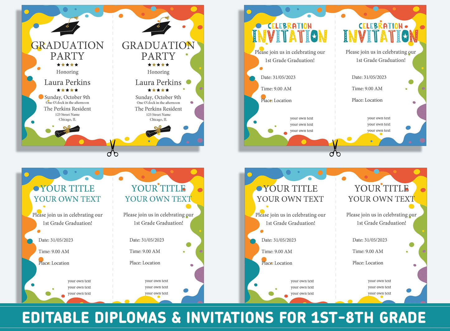 Editable 2nd Grade Graduation, 1st to 8th Grade Diploma, Certificate of Completion & Invitation, PDF File, Instant Download