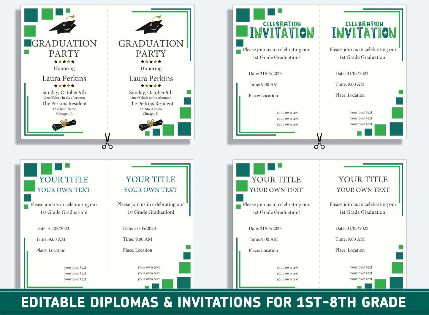 Editable 7th Grade Awards, 1st to 8th Grade Diploma, Certificate of Completion & Invitation, PDF File, Instant Download