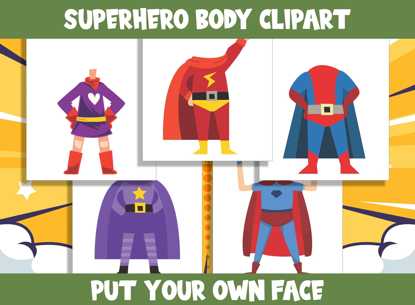 Superhero Body Clipart for Kids, 40 Printable Pages with Pre-Colored and Black & White Versions, PDF Instant Download