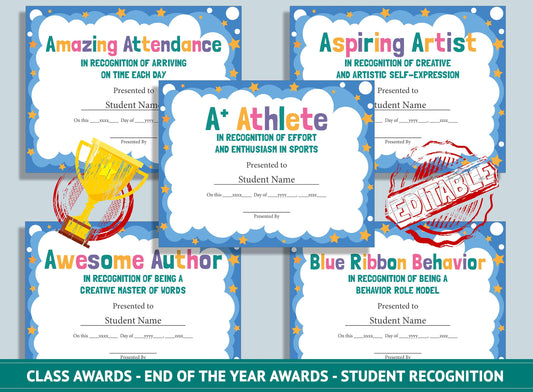 26 Editable Class Awards - End of the Year Awards - Student Recognition, PDF File, Instant Download