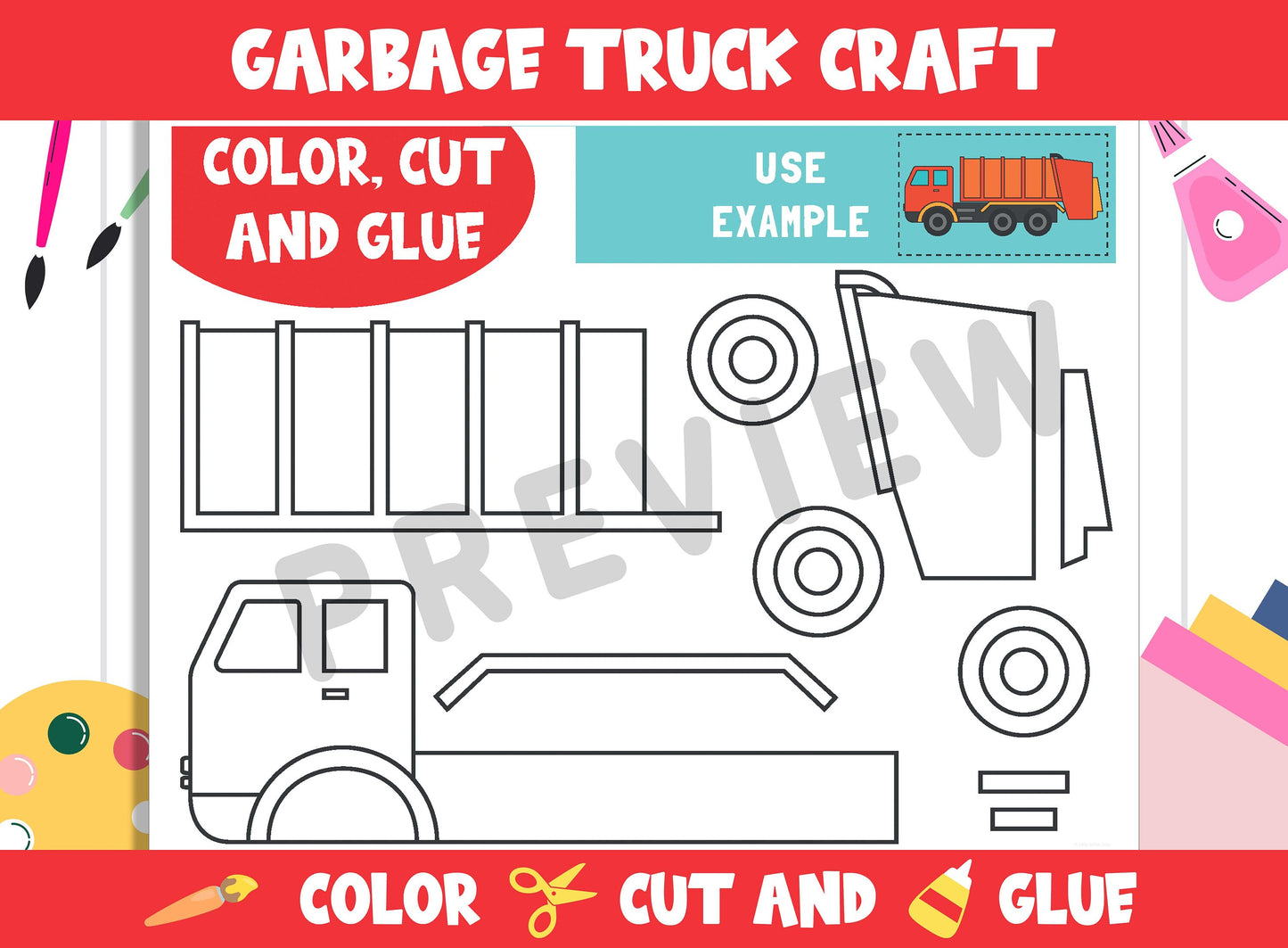 Garbage Truck Craft Activity - Color, Cut, and Glue for PreK to 2nd Grade, PDF File, Instant Download
