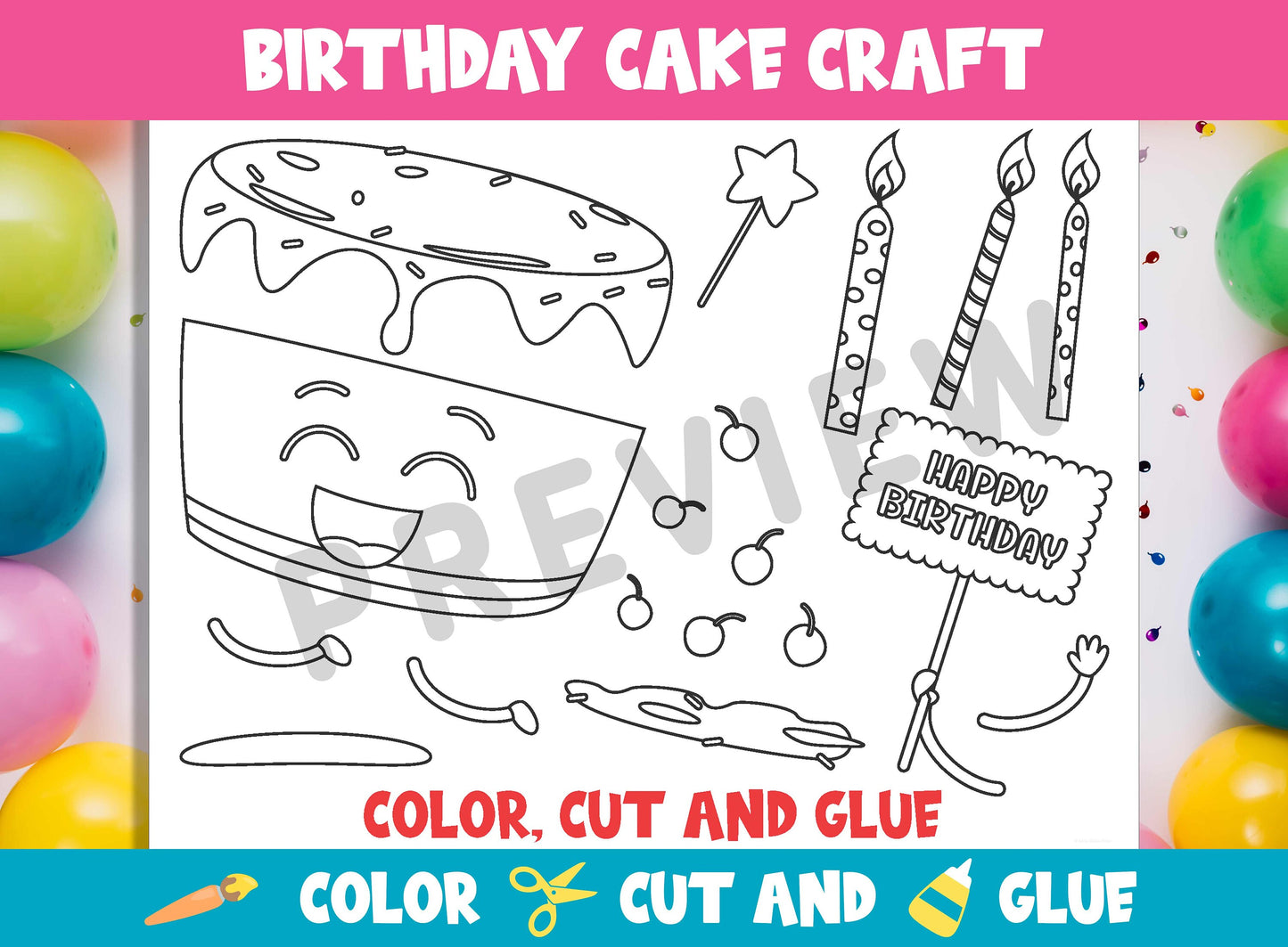 Birthday Cake Craft Activity - Color, Cut, and Glue for PreK to 6th Grade, PDF File, Instant Download