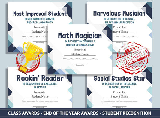 Editable Middle School Awards, End of the Year Awards, Student Recognition, PDF File, Instant Download