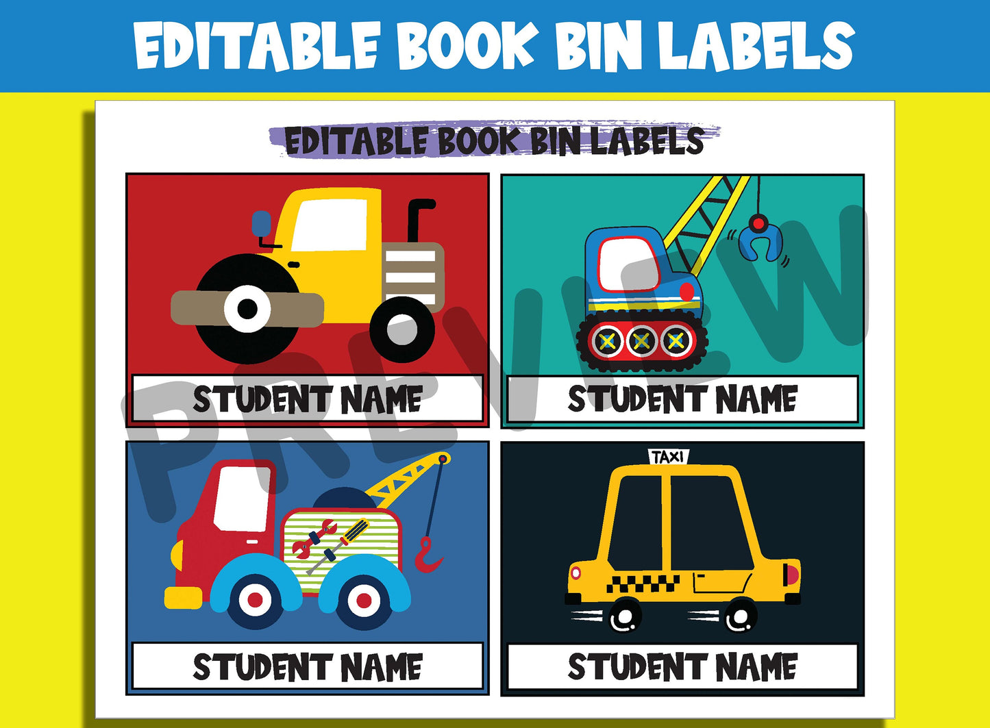 Editable Vehicle Book Bin Labels: 16 Customizable Designs for Perfect Classroom Decor