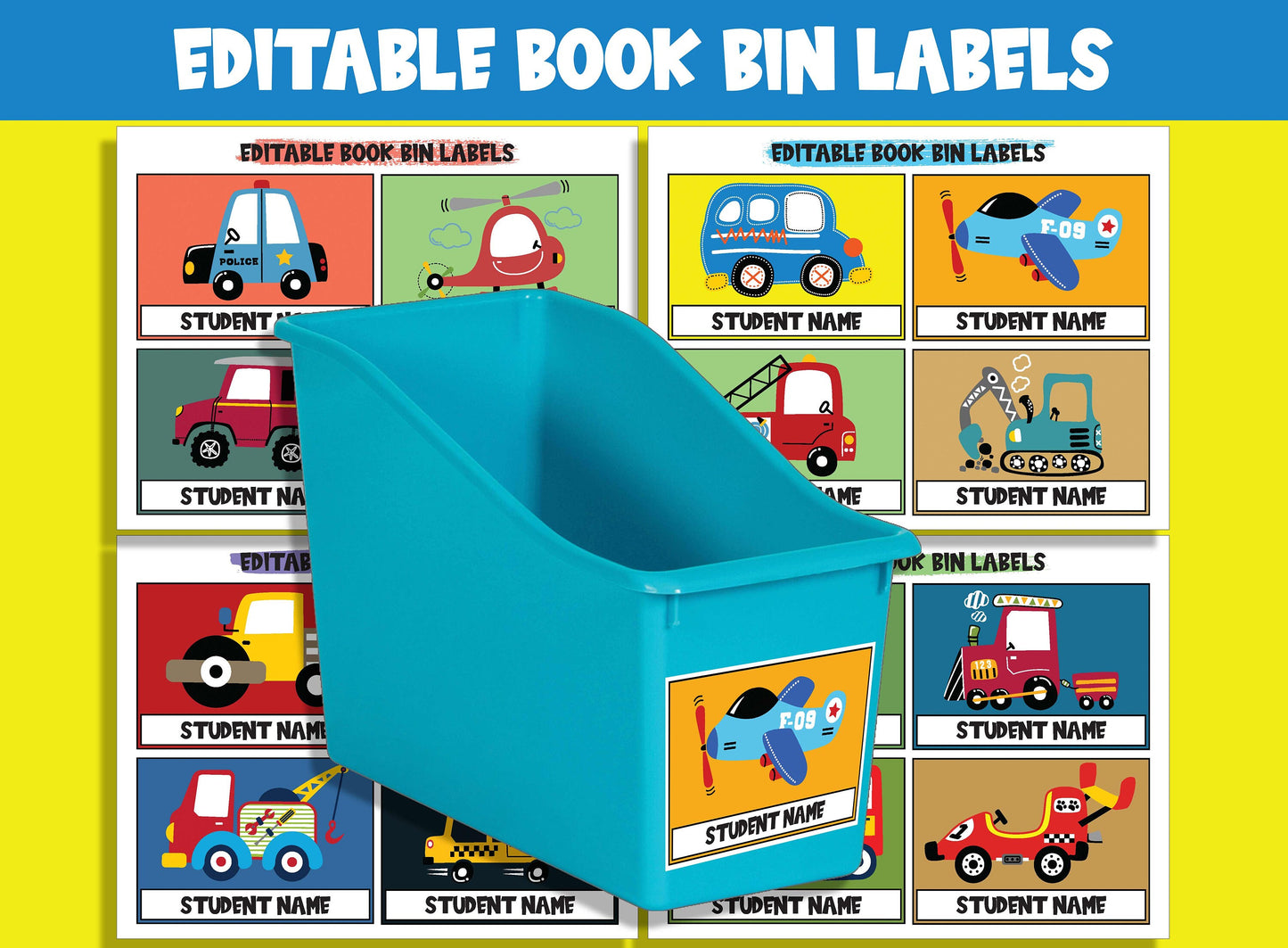 Editable Vehicle Book Bin Labels: 16 Customizable Designs for Perfect Classroom Decor