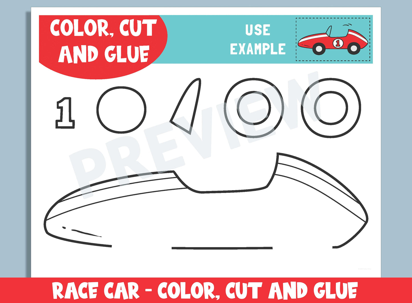 Race Car Craft Activity - Color, Cut, and Glue for PreK to 2nd Grade, PDF File, Instant Download