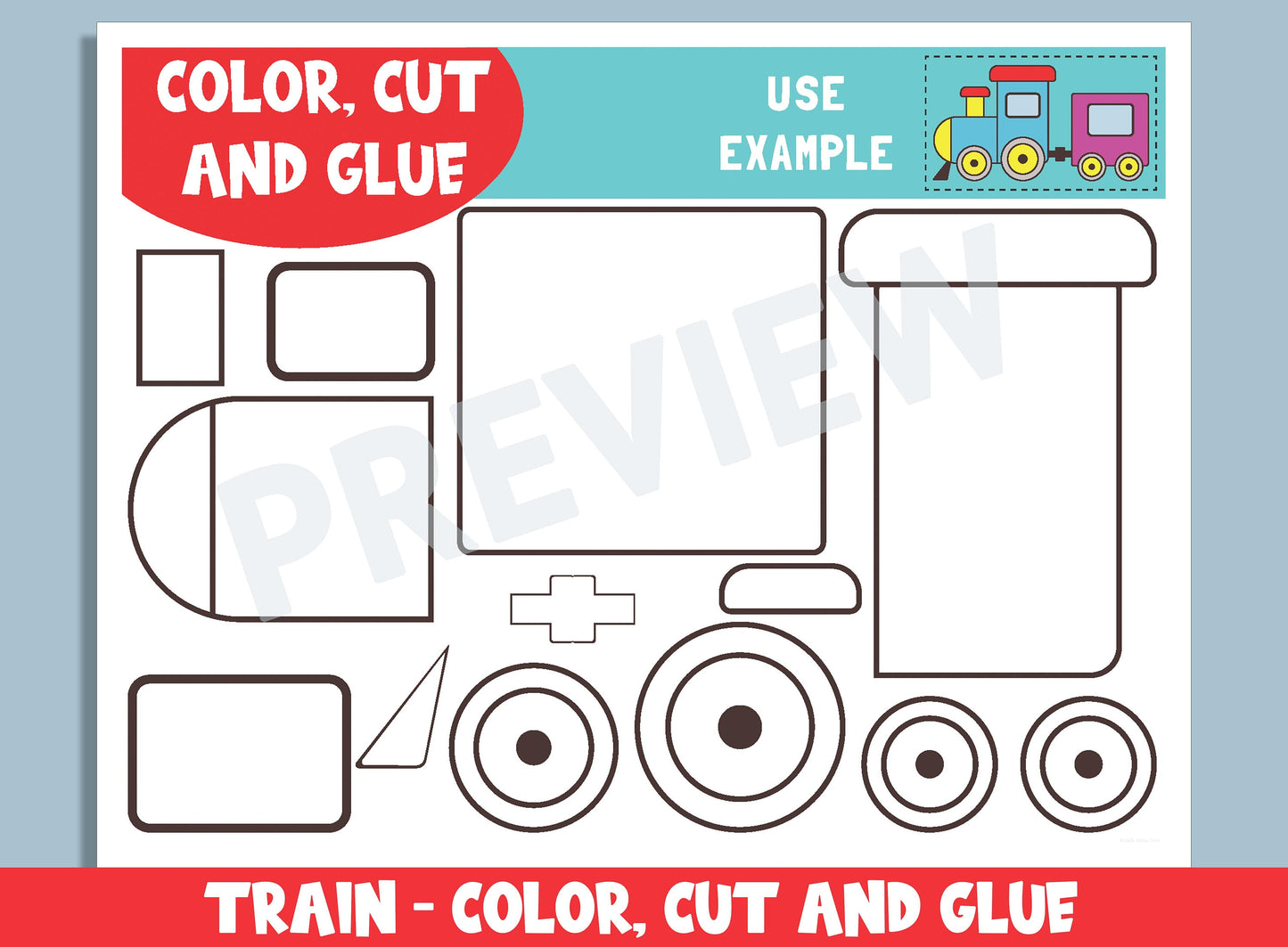 Train Craft Activity - Color, Cut, and Glue for PreK to 2nd Grade, PDF File, Instant Download