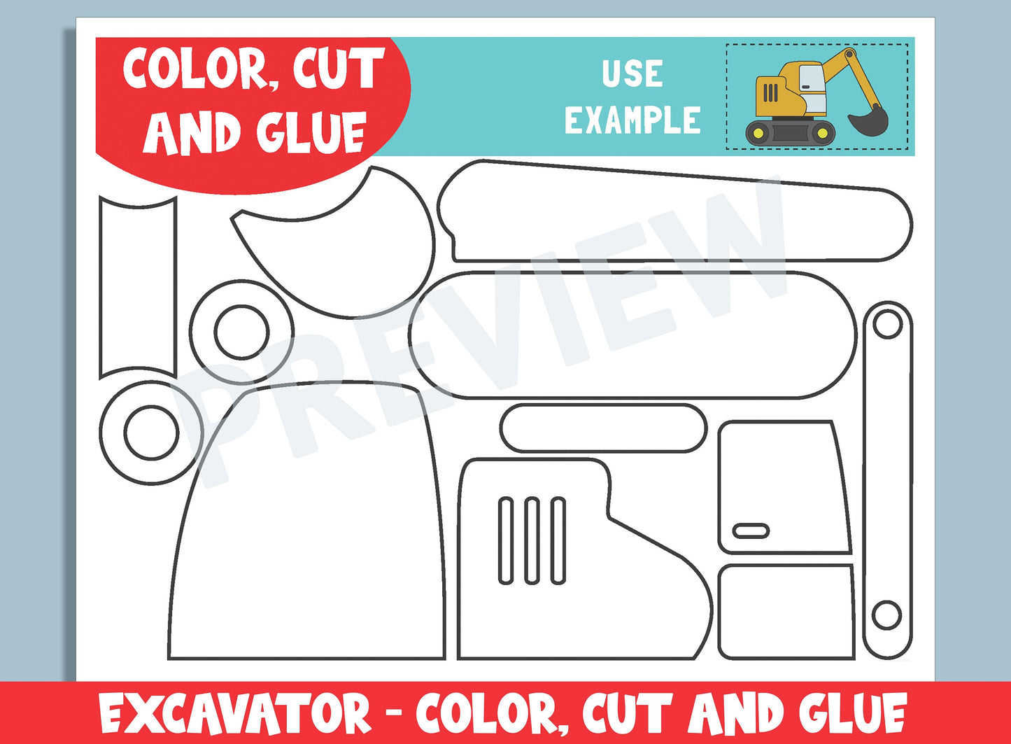 Excavator Craft Activity - Color, Cut, and Glue for PreK to 2nd Grade, PDF File, Instant Download