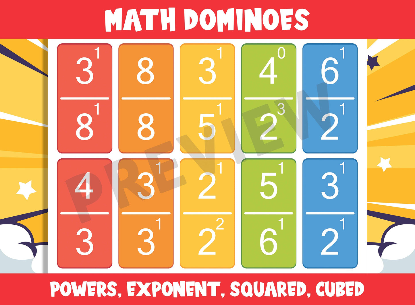Printable Math Dominoes (Powers, Exponent, Squared, Cubed), 55 Cards, PDF File, Instant Download