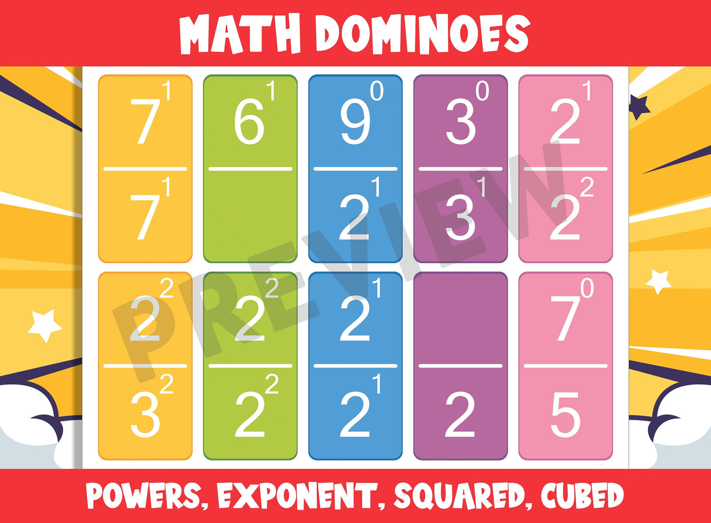 Printable Math Dominoes (Powers, Exponent, Squared, Cubed), 55 Cards, PDF File, Instant Download
