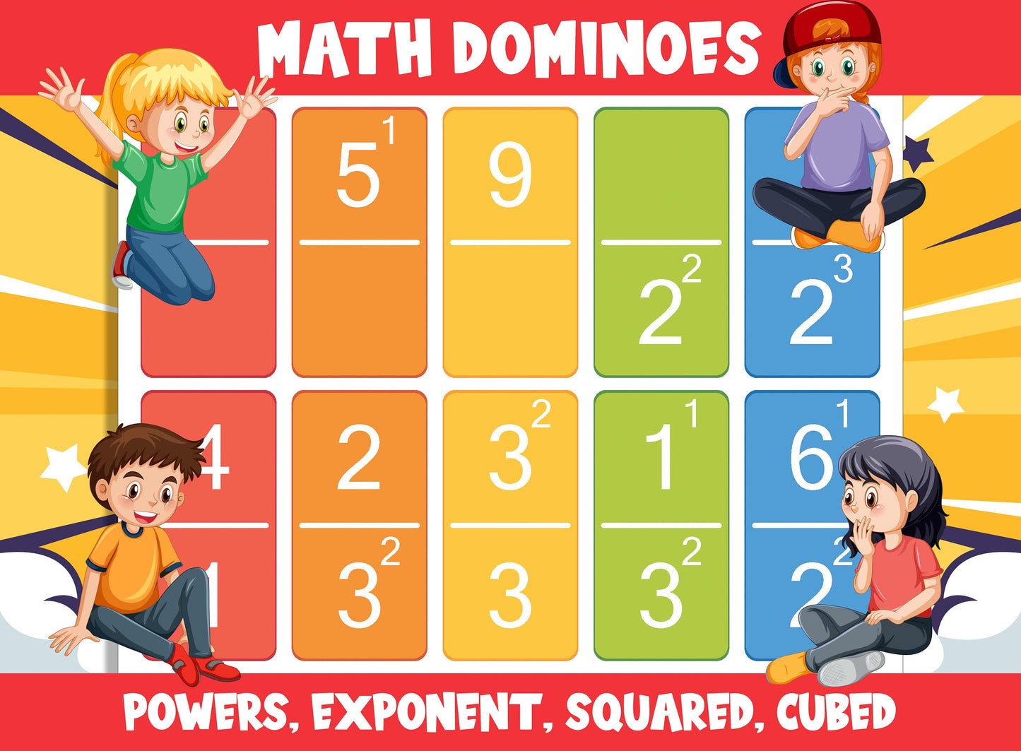 Printable Math Dominoes (Powers, Exponent, Squared, Cubed), 55 Cards, PDF File, Instant Download