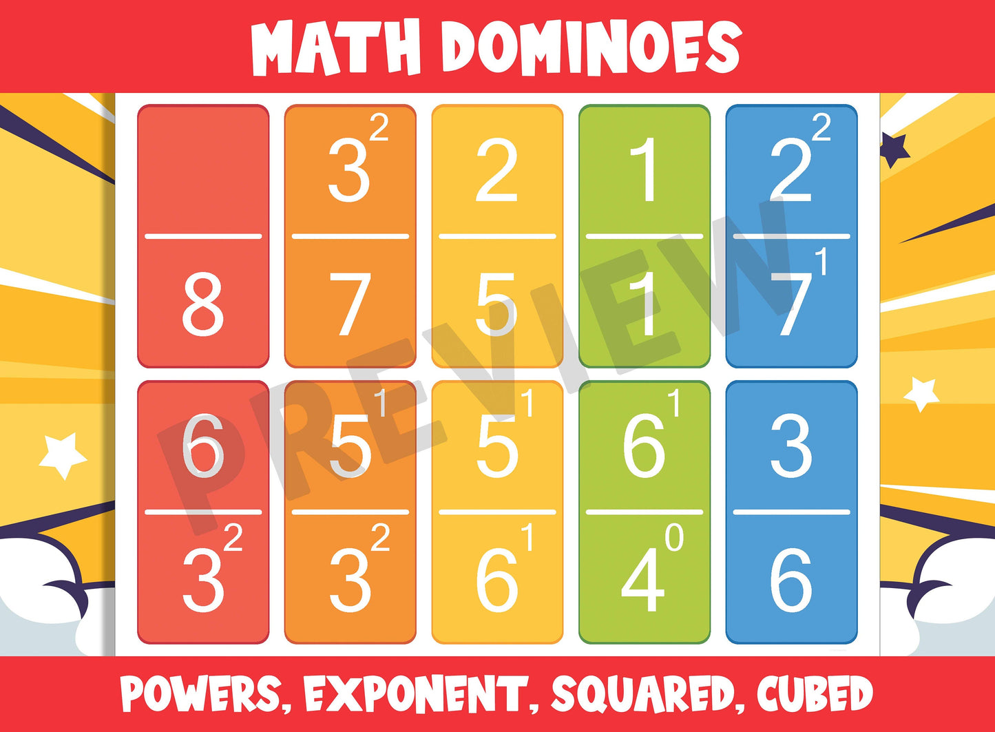 Printable Math Dominoes (Powers, Exponent, Squared, Cubed), 55 Cards, PDF File, Instant Download