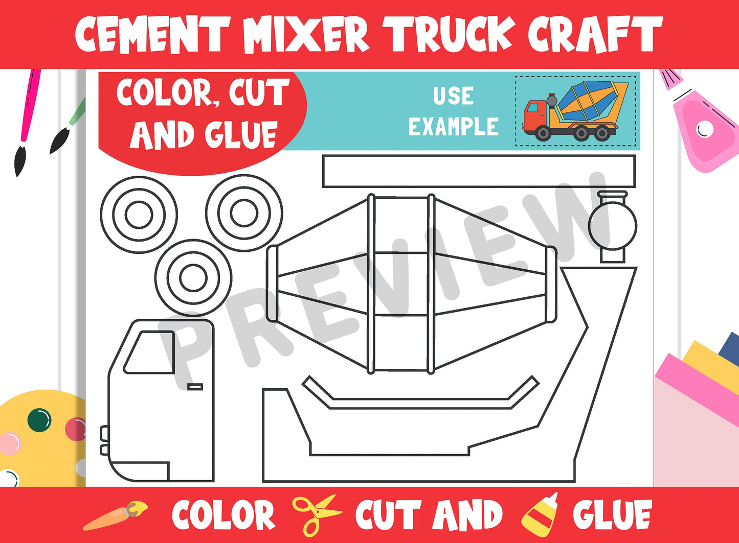 Cement Mixer Truck Craft Activity - Color, Cut, and Glue for PreK to 2nd Grade, PDF File, Instant Download