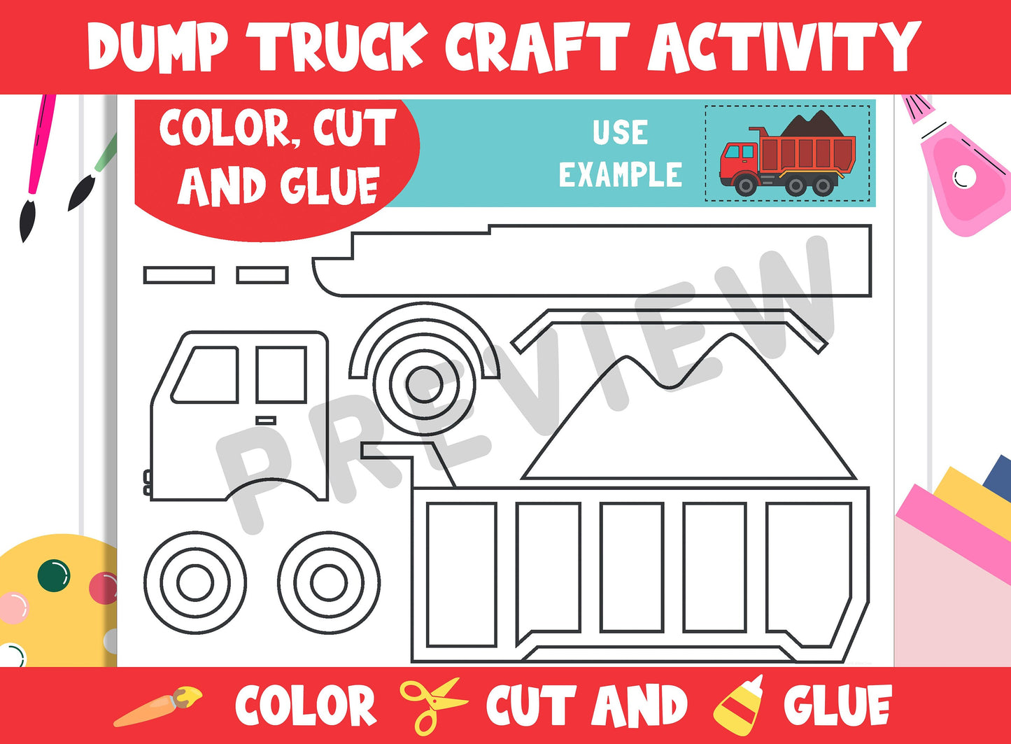 Dump Truck Craft Activity - Color, Cut, and Glue for PreK to 2nd Grade, PDF File, Instant Download