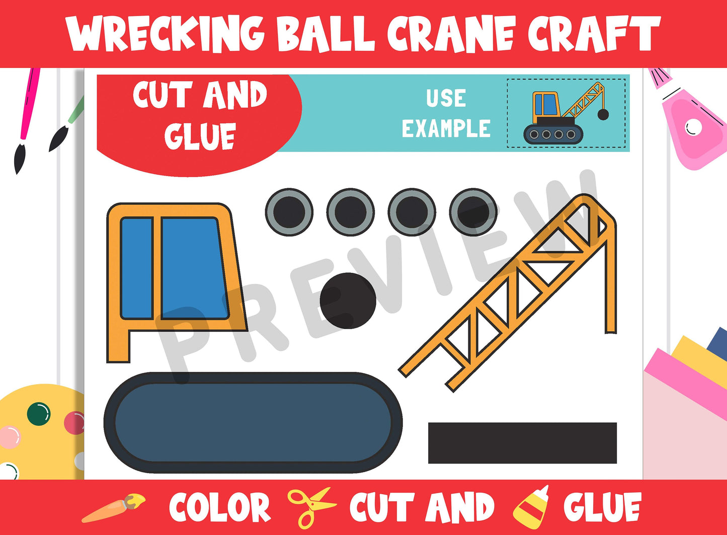 Wrecking Ball Crane Craft Activity - Color, Cut, and Glue for PreK to 2nd Grade, PDF File, Instant Download
