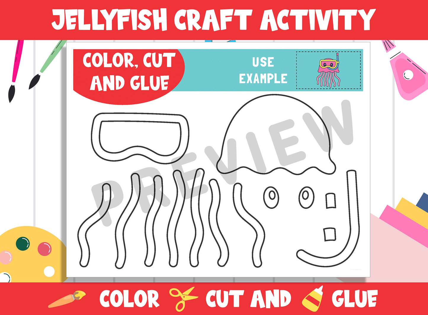 Jellyfish Craft Activity - Color, Cut, and Glue for PreK to 2nd Grade, PDF File, Instant Download