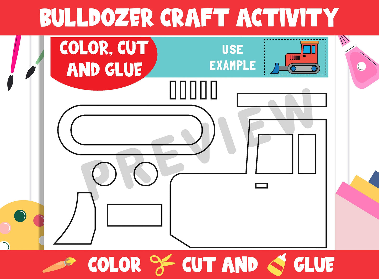 Bulldozer Craft Activity - Color, Cut, and Glue for PreK to 2nd Grade, PDF File, Instant Download