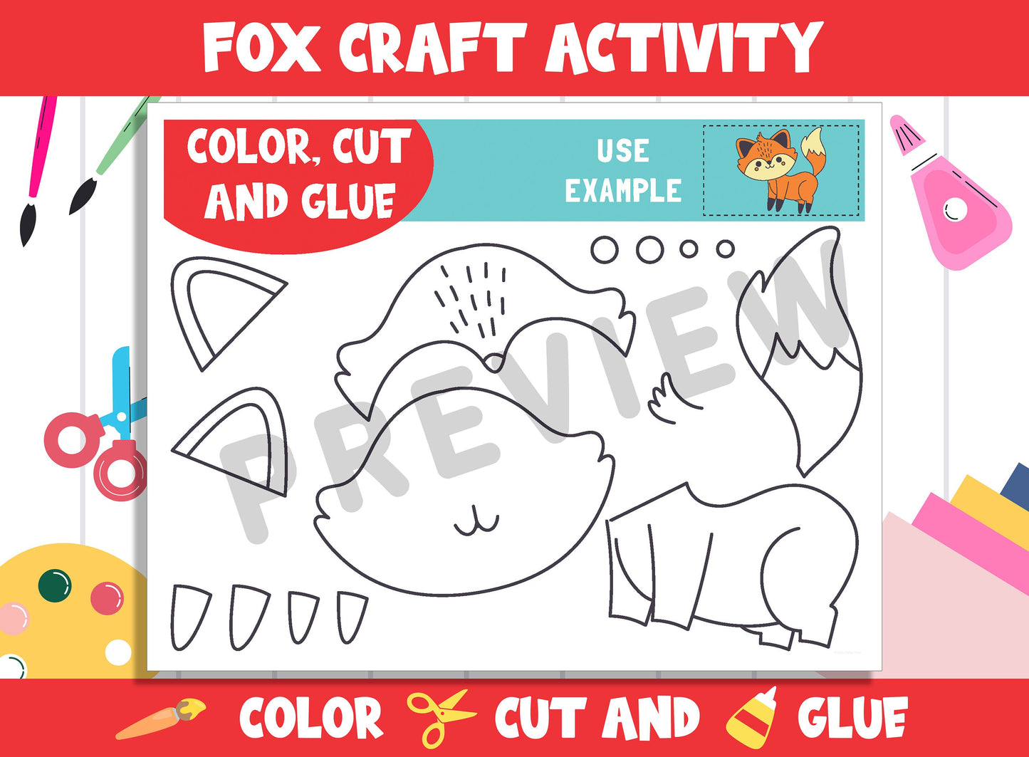 Cute Fox Craft Activity - Color, Cut, and Glue for PreK to 2nd Grade, PDF File, Instant Download