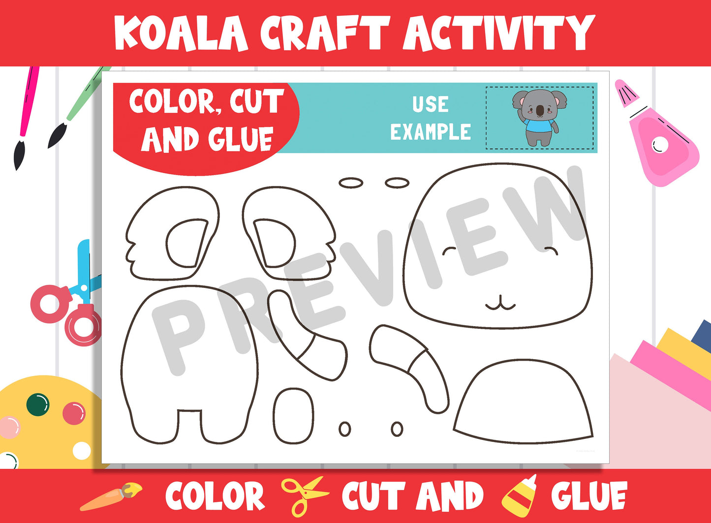 Cute Koala Craft Activity - Color, Cut, and Glue for PreK to 2nd Grade, PDF File, Instant Download