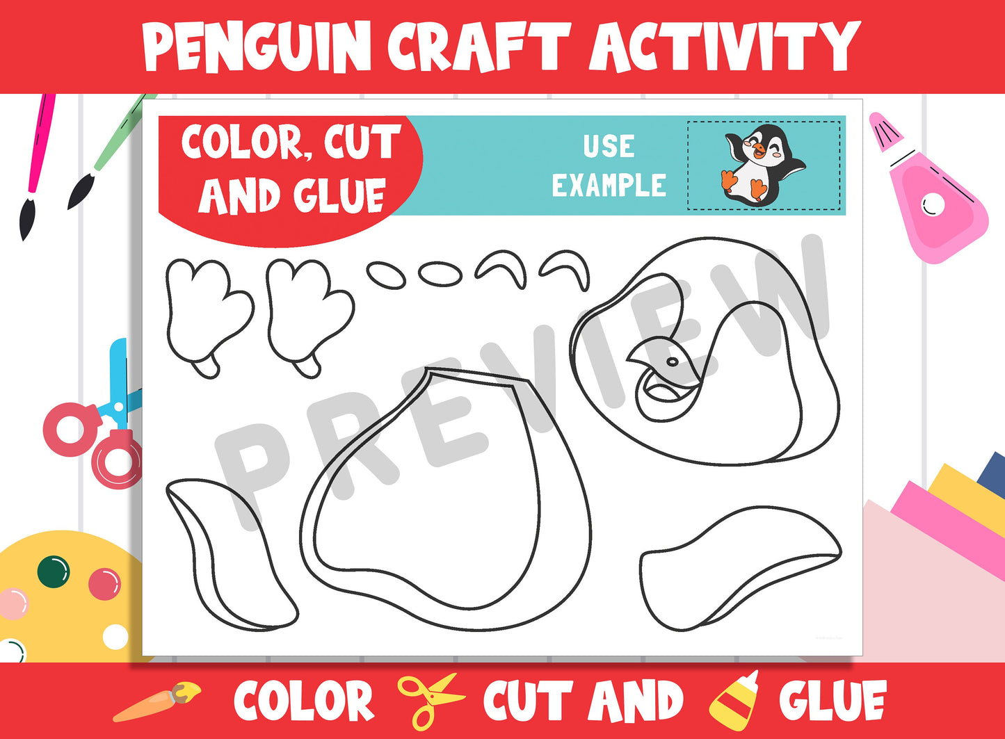 Cute Penguin Craft Activity - Color, Cut, and Glue for PreK to 2nd Grade, PDF File, Instant Download