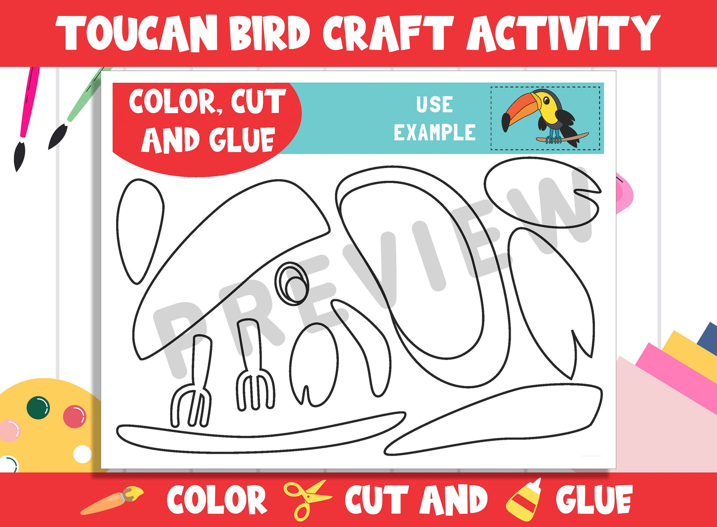 Cute Toucan Bird Craft Activity - Color, Cut, and Glue for PreK to 2nd Grade, PDF File, Instant Download
