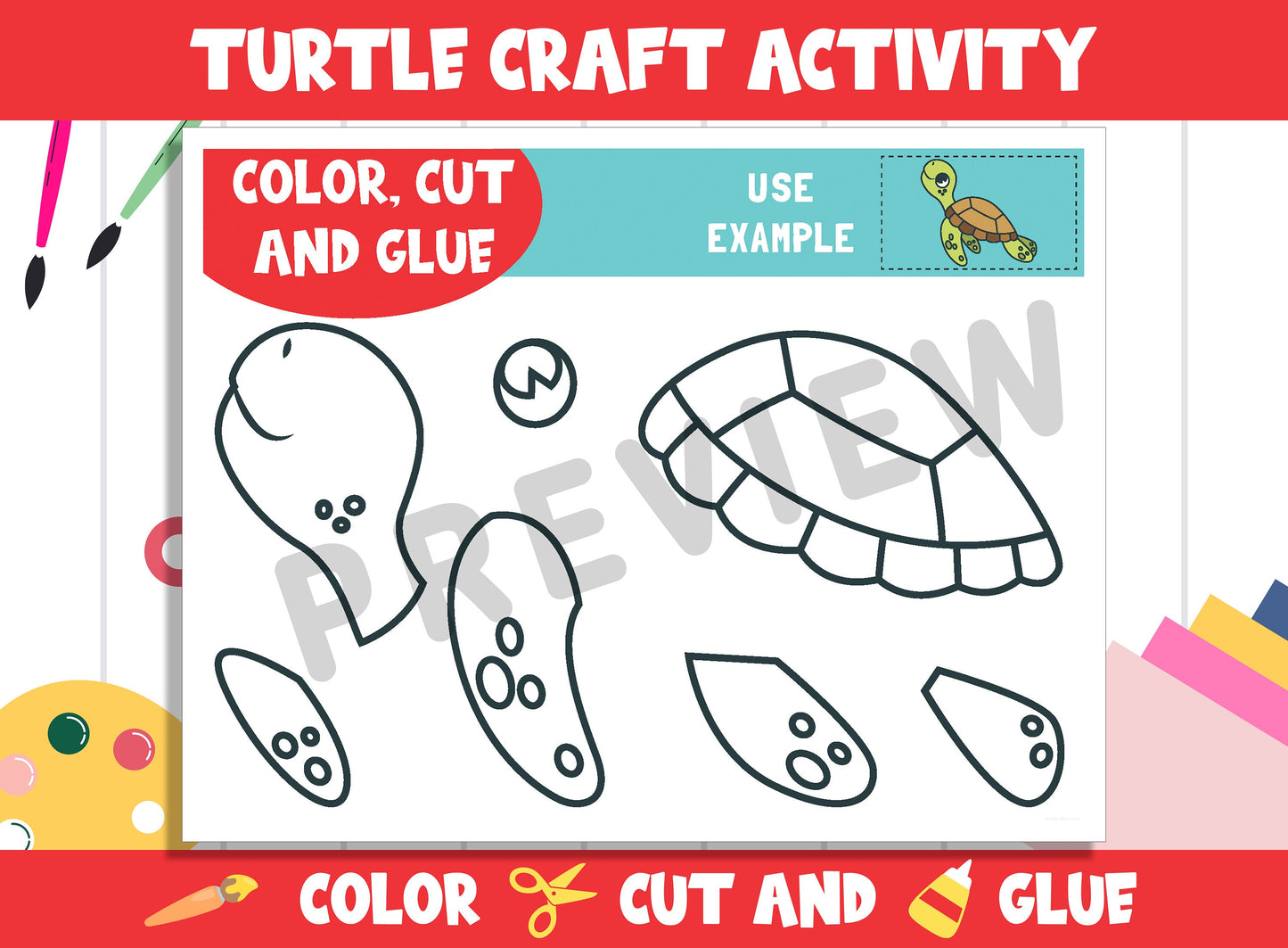 Cute Turtle Craft Activity - Color, Cut, and Glue for PreK to 2nd Grade, PDF File, Instant Download