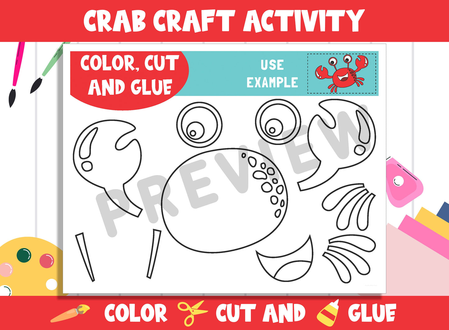 Cute Crab Craft Activity - Color, Cut, and Glue for PreK to 2nd Grade, PDF File, Instant Download