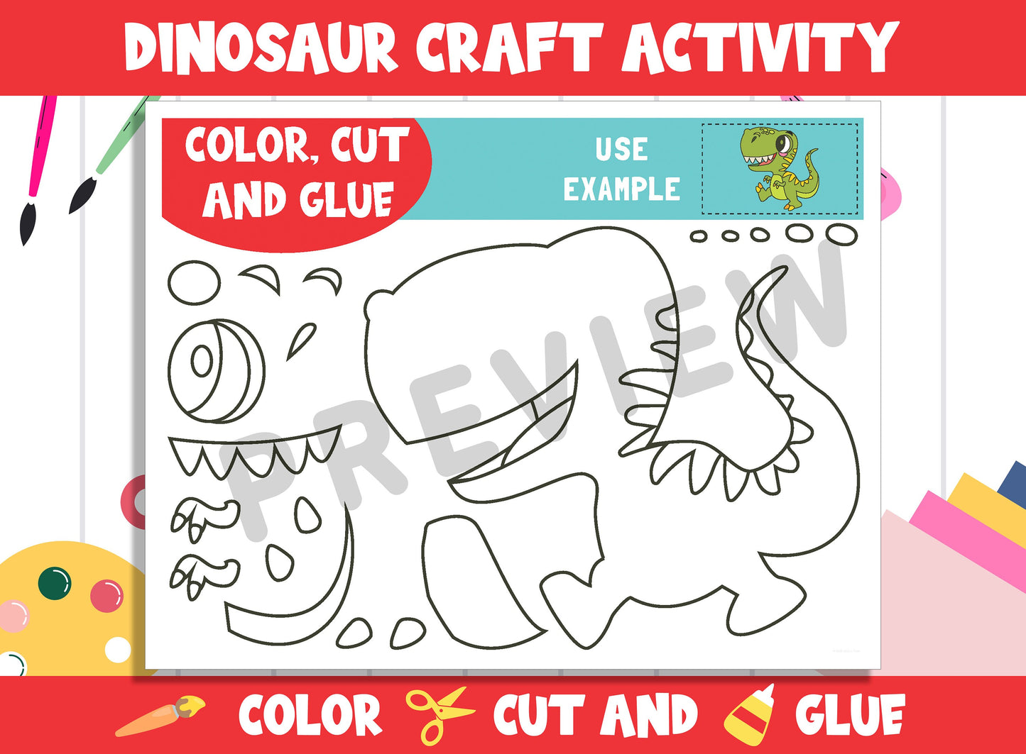 Cute Dinosaur Craft Activity - Color, Cut, and Glue for PreK to 2nd Grade, PDF File, Instant Download