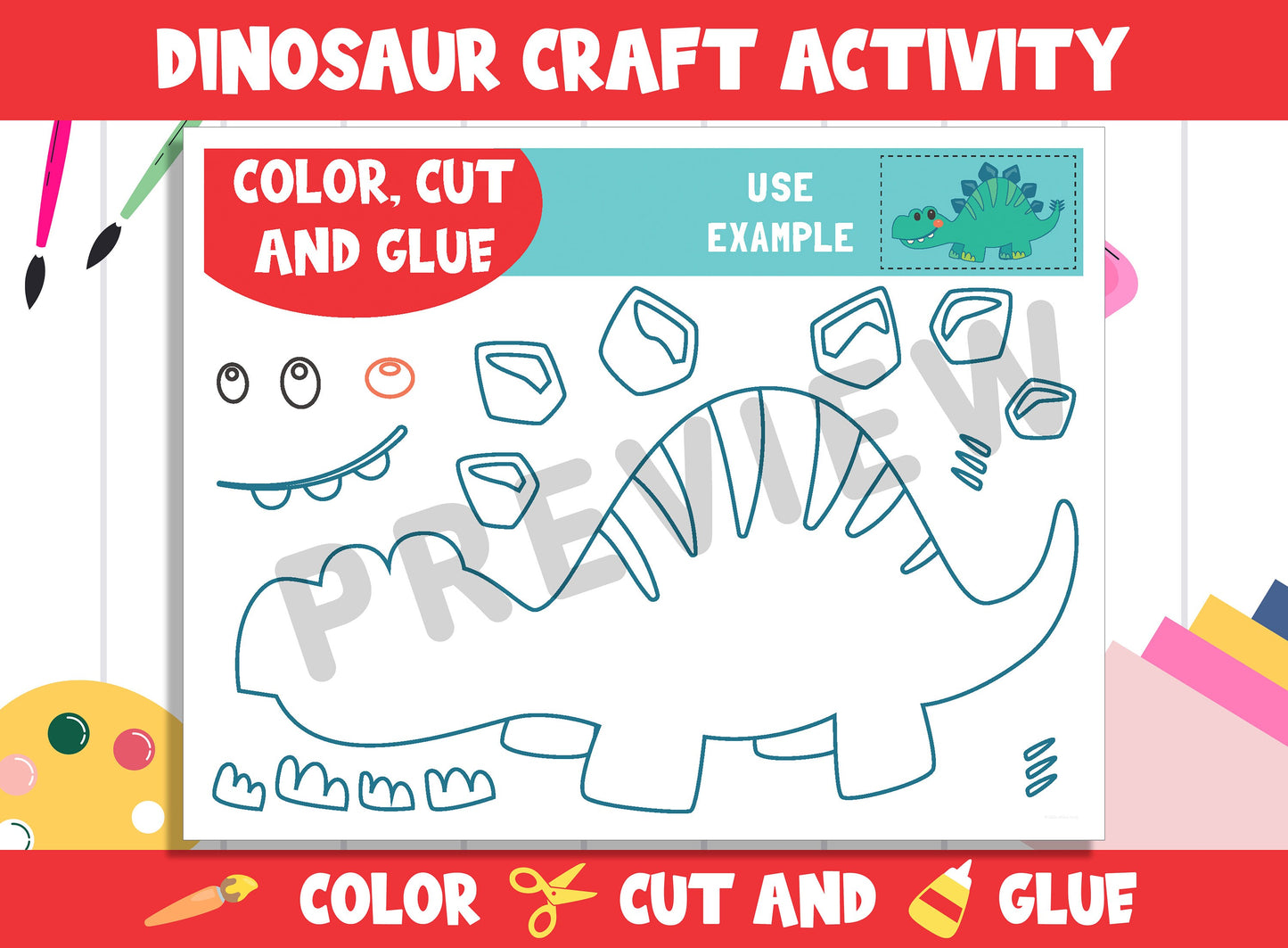 Cute Baby Dinosaur Craft Activity - Color, Cut, and Glue for PreK to 2nd Grade, PDF File, Instant Download