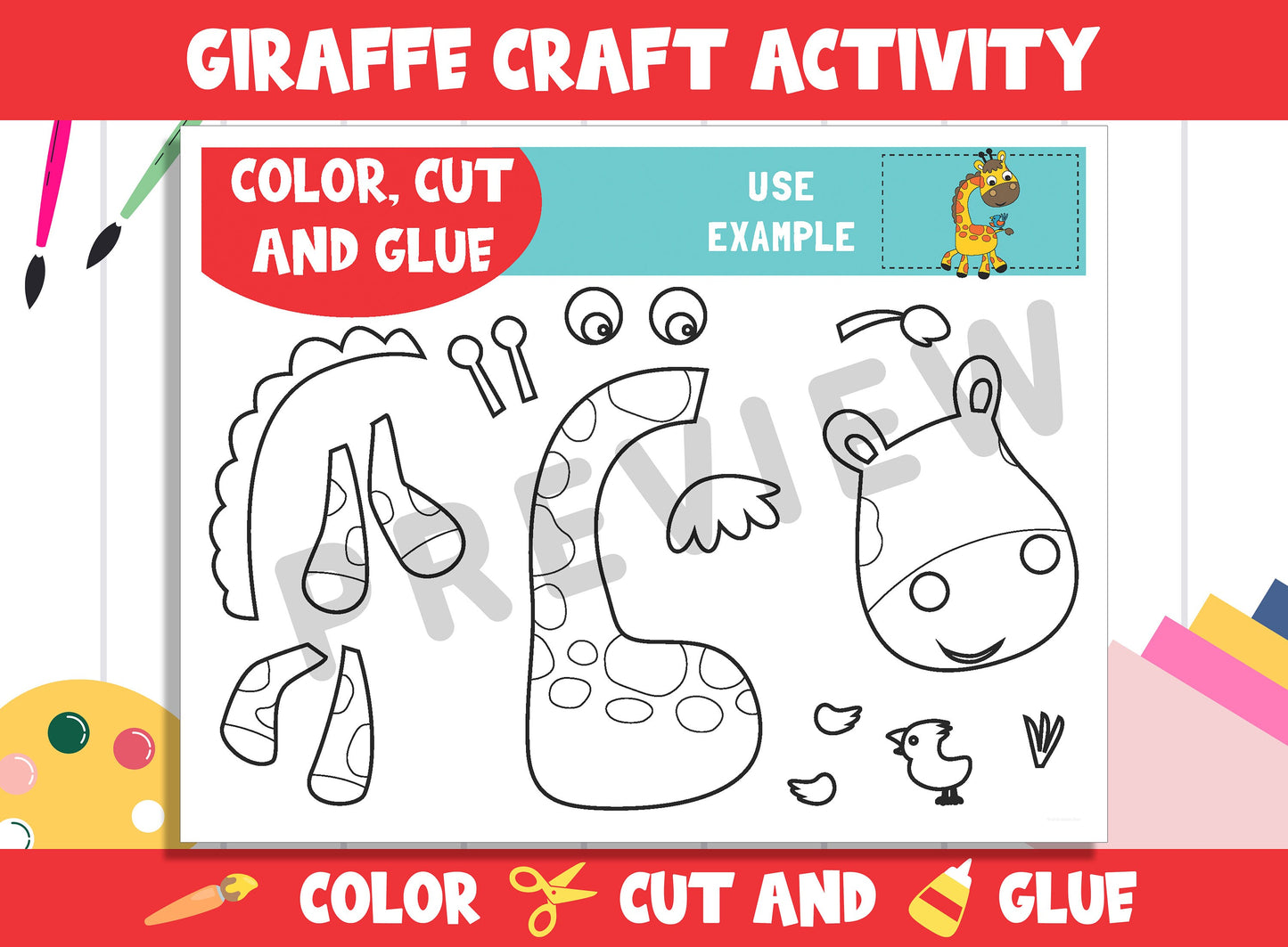 Cute Giraffe Craft Activity - Color, Cut, and Glue for PreK to 2nd Grade, PDF File, Instant Download
