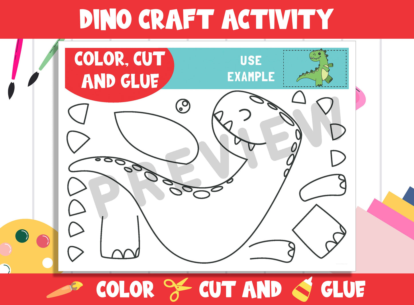 Cute Dino Craft Activity - Color, Cut, and Glue for PreK to 2nd Grade, PDF File, Instant Download