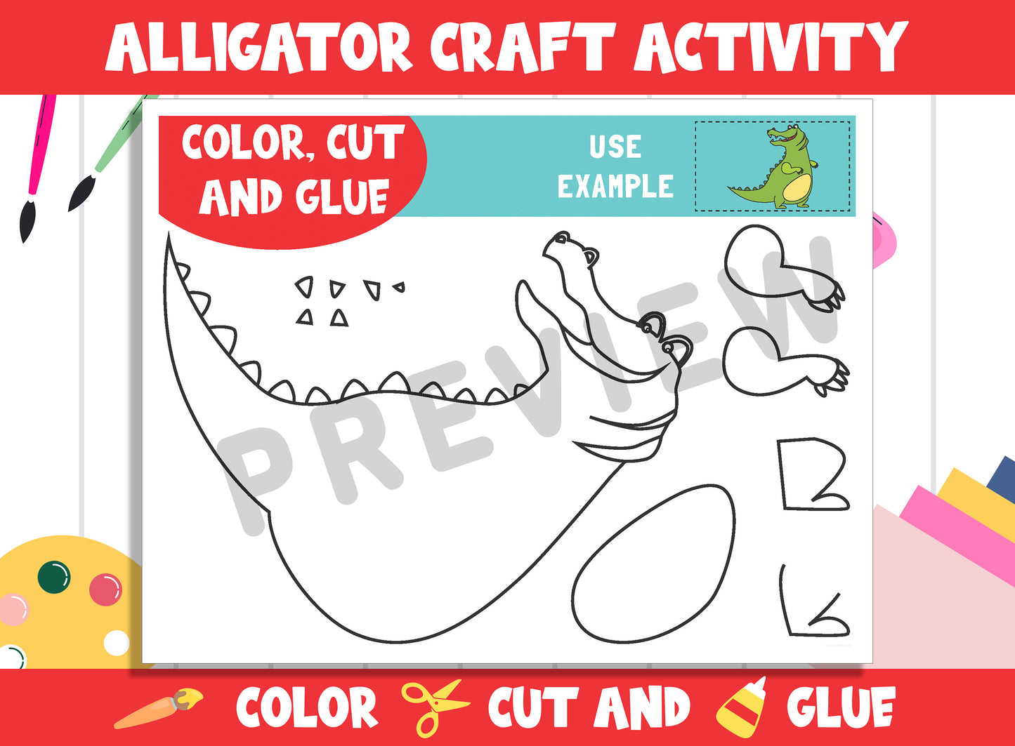 Cute Alligator Craft Activity - Color, Cut, and Glue for PreK to 2nd Grade, PDF File, Instant Download