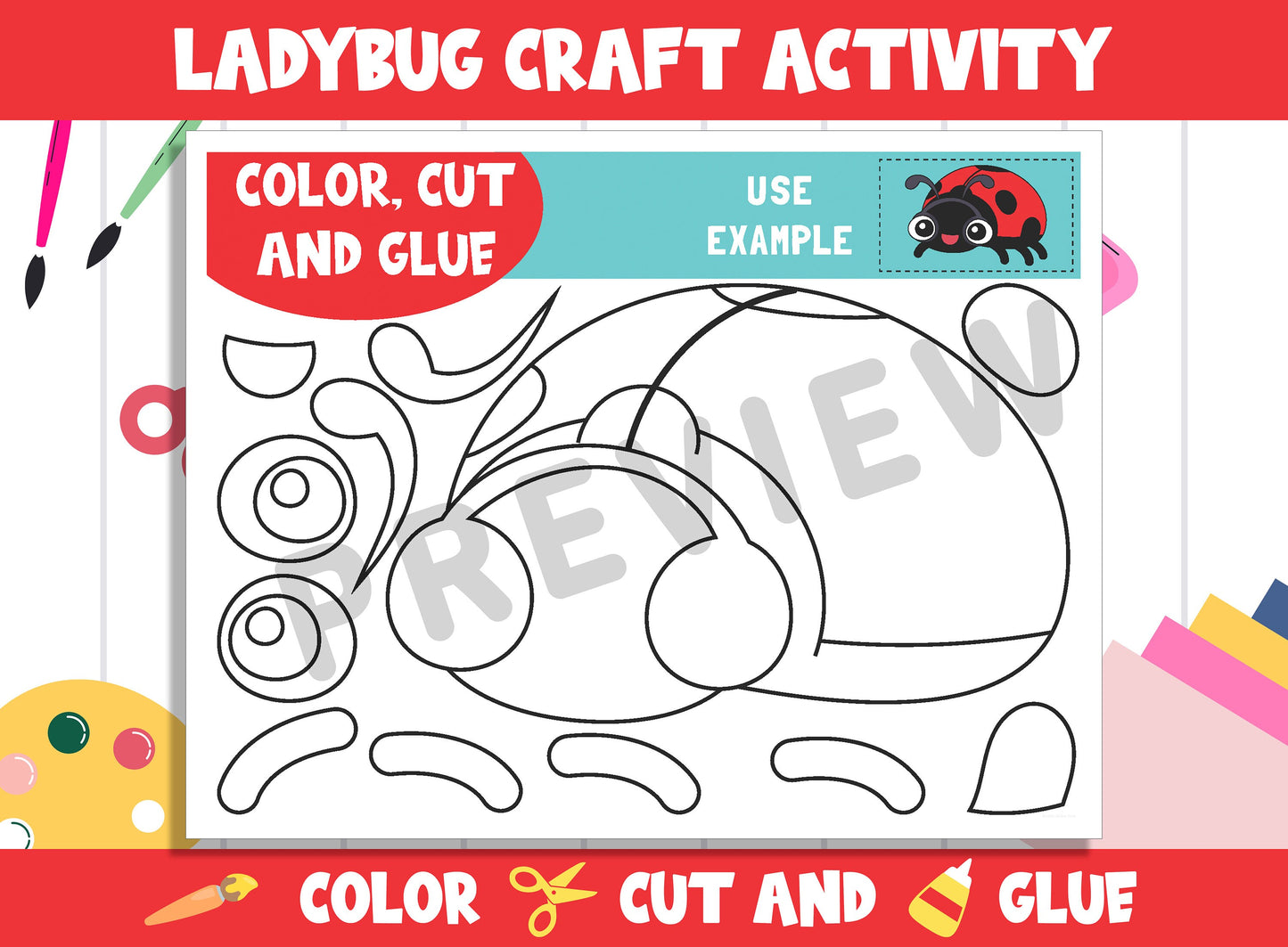 Cute Ladybug Craft Activity - Color, Cut, and Glue for PreK to 2nd Grade, PDF File, Instant Download