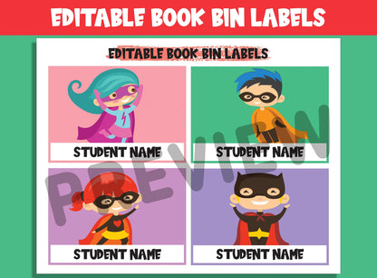 Editable Superhero Classroom Library Labels: Customize Your Literary Collection with 16 Heroic Designs for Perfect Classroom Decor.