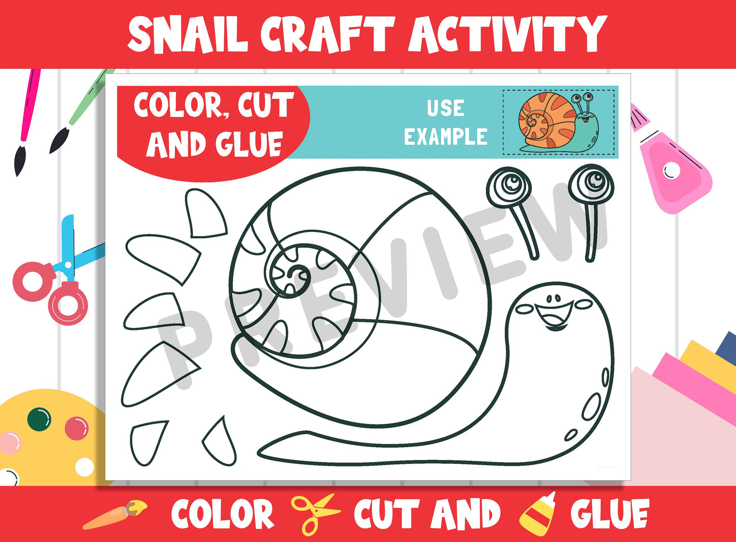 Cute Snail Craft Activity - Color, Cut, and Glue for PreK to 2nd Grade, PDF File, Instant Download