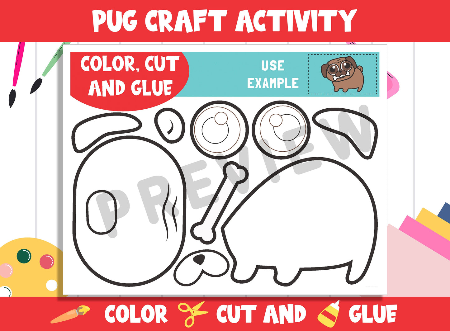 Cute Pug/Dog Craft Activity - Color, Cut, and Glue for PreK to 2nd Grade, PDF File, Instant Download