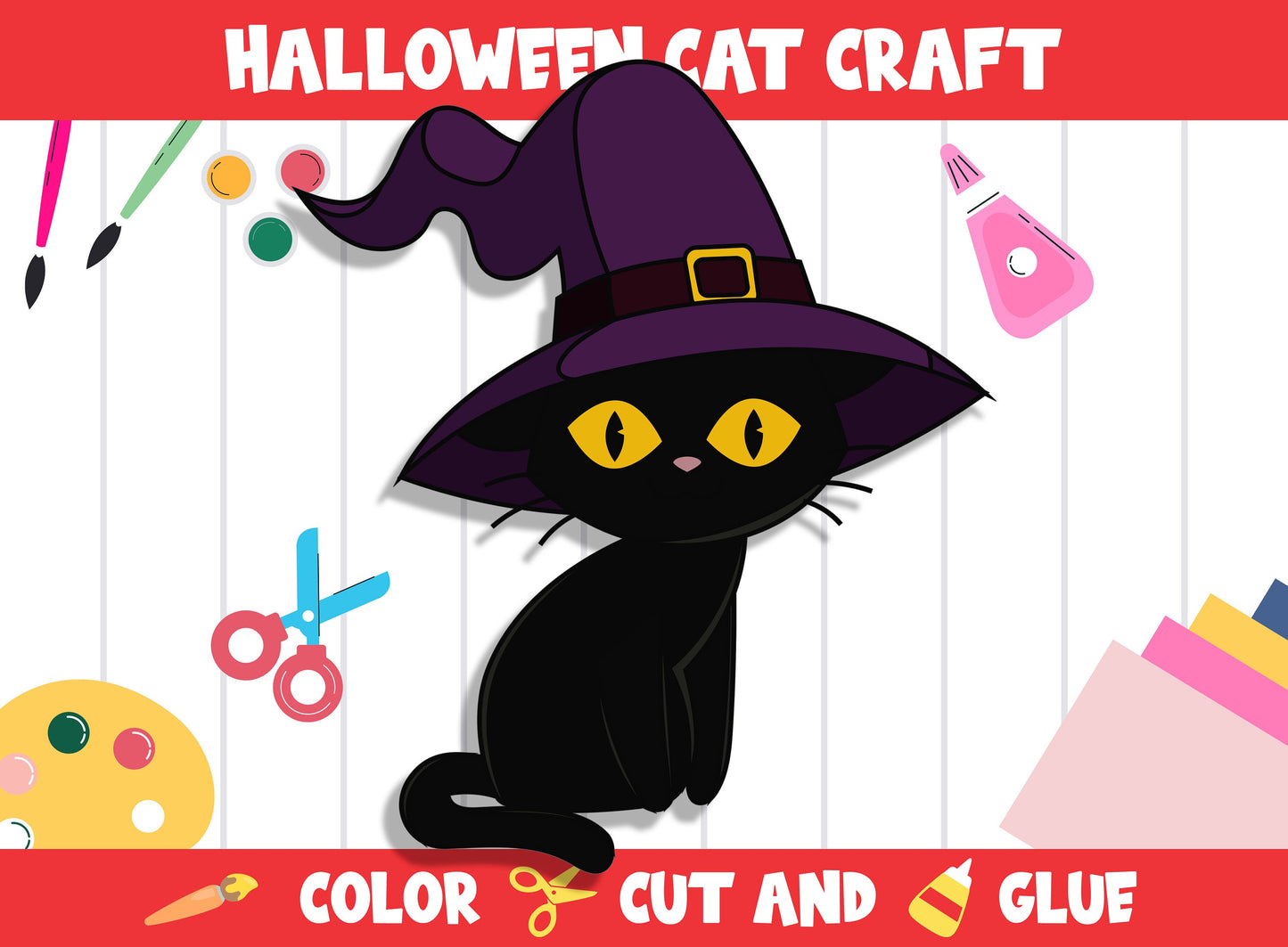 Cute Halloween Cat Craft Activity - Color, Cut, and Glue for PreK to 2nd Grade, PDF File, Instant Download