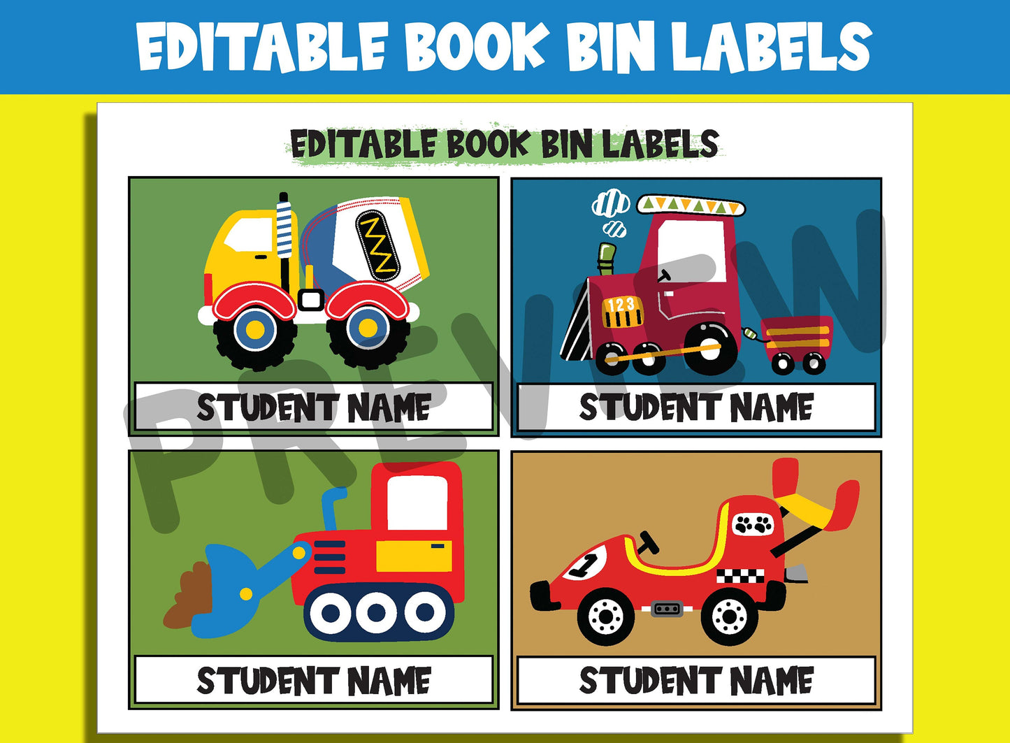 Editable Vehicle Book Bin Labels: 16 Customizable Designs for Perfect Classroom Decor