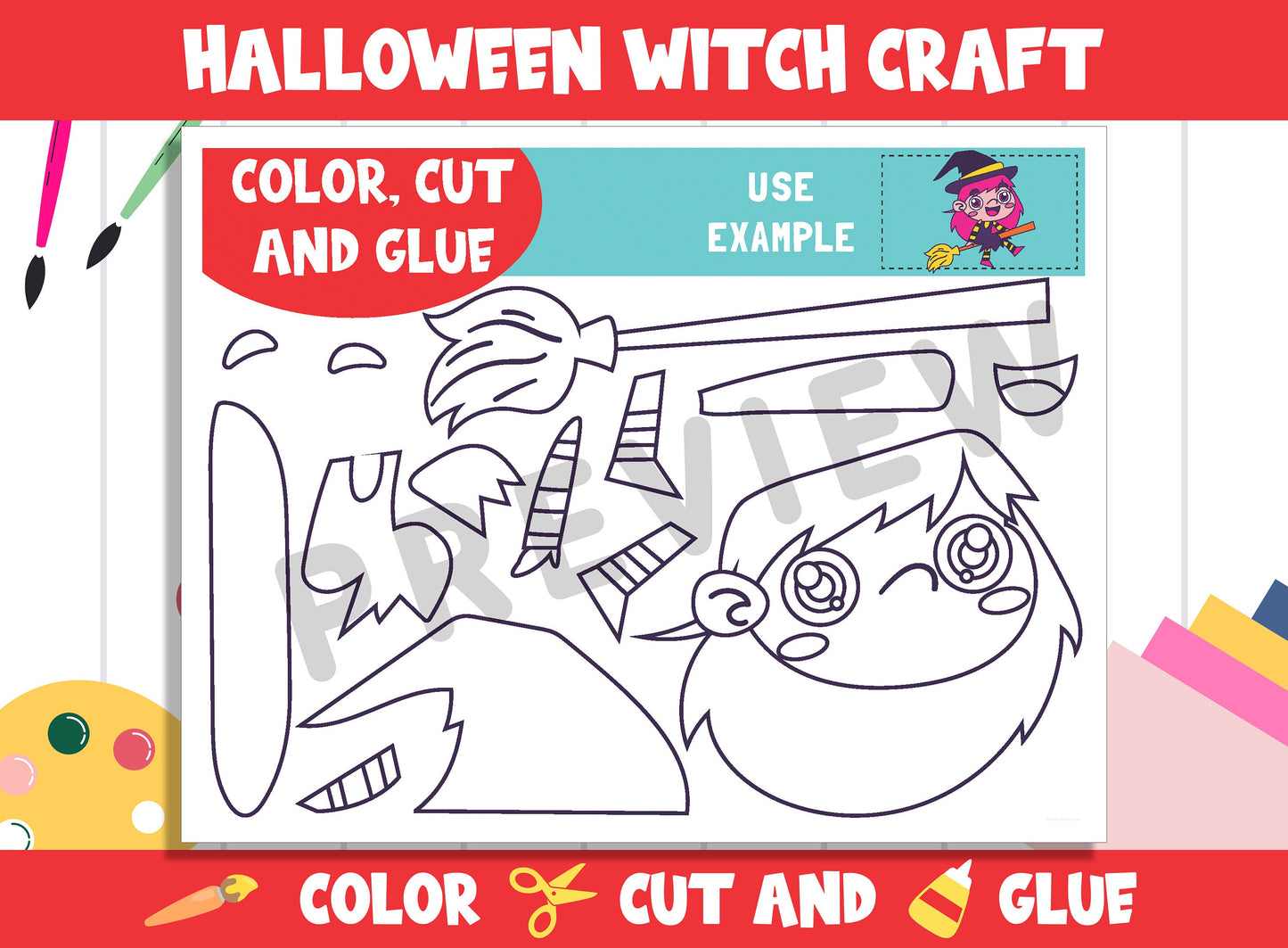 Cute Halloween Witch Craft Activity - Color, Cut, and Glue for PreK to 2nd Grade, PDF File, Instant Download