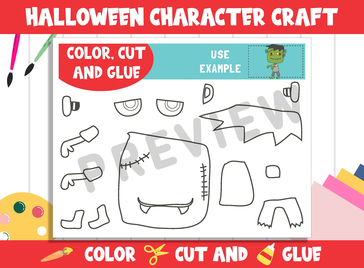 Halloween Character Craft Activity - Color, Cut, and Glue for PreK to 2nd Grade, PDF File, Instant Download