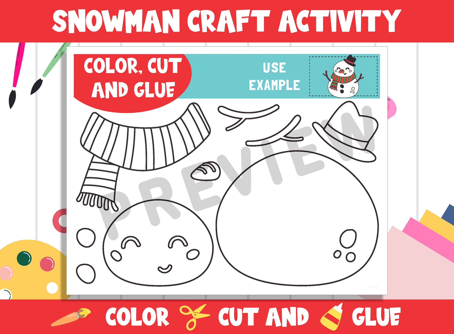 Snowman Craft Activity - Color, Cut, and Glue for PreK to 2nd Grade, PDF File, Instant Download