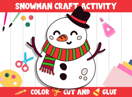 Snowman Craft Activity - Color, Cut, and Glue for PreK to 2nd Grade, PDF File, Instant Download