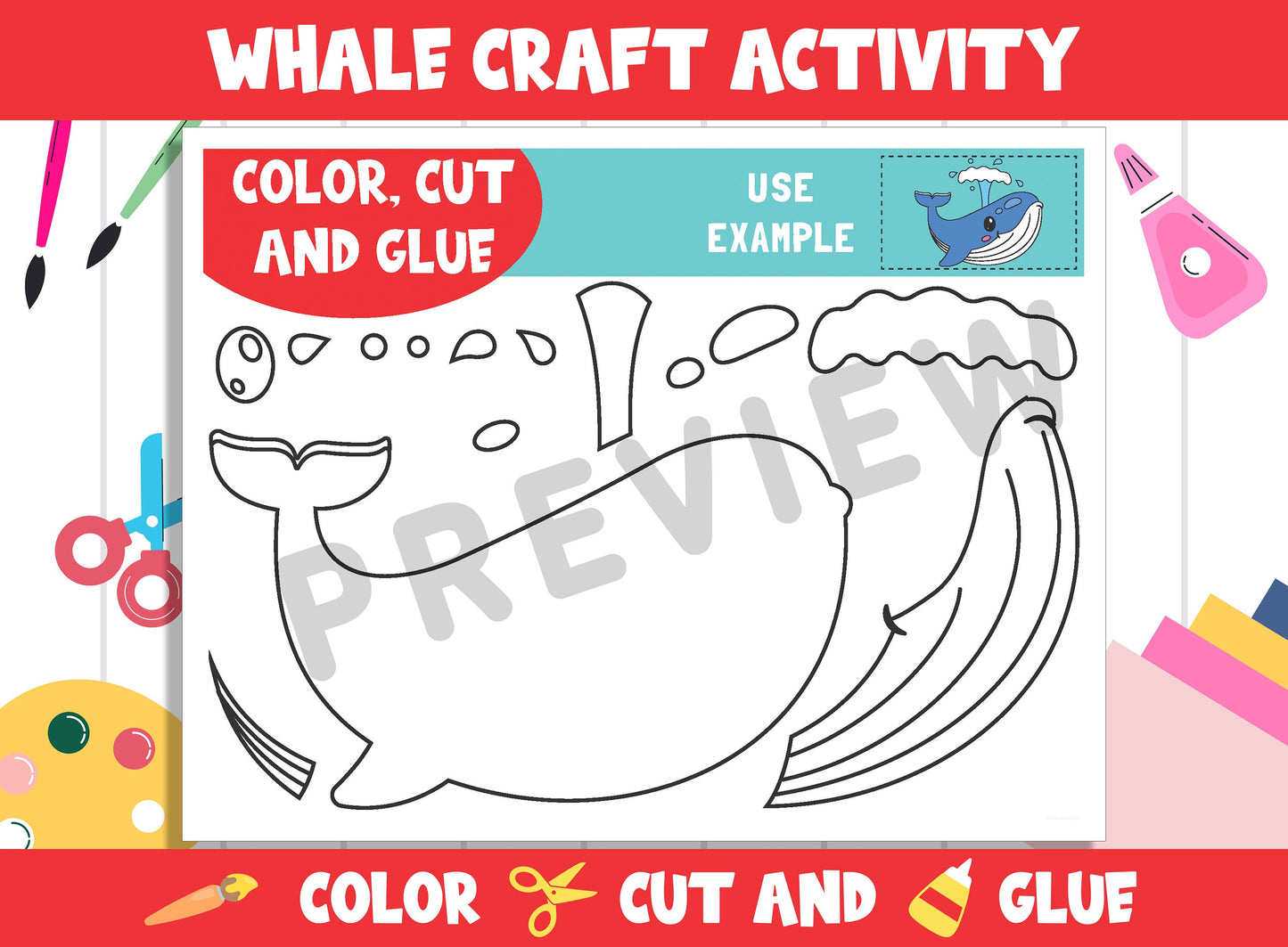 Cute Whale Craft Activity - Color, Cut, and Glue for PreK to 2nd Grade, PDF File, Instant Download